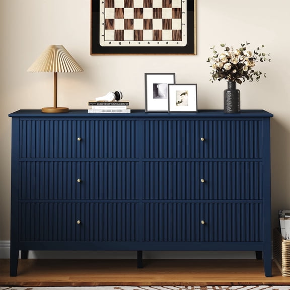 May in Color Fluted 6 Drawer Dresser, Wide Modern Chest of Drawers, Large Wood Storage Cabinet Organizer for Bedroom, Living Room, Hallway, Entryway, Blue