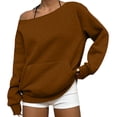 thumbnail image 2 of Women's Basic Solid Color Off Shoulder Sweatshirt Loose Long Sleeve Y2K Asymmetrical Outfit Tops with Pocket Brown XL, 2 of 7