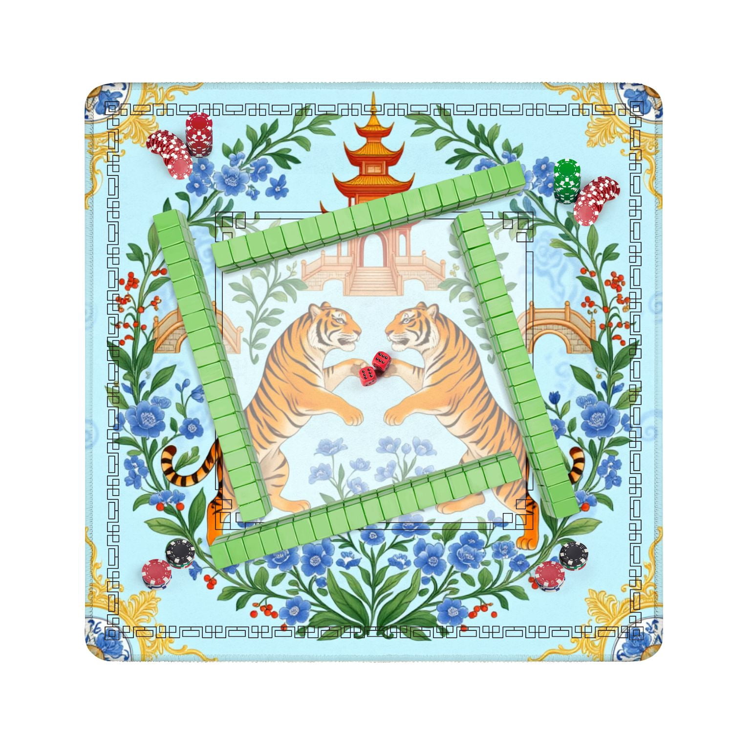 Mahjong Mat 31.5" x 31.5" Pair Tigers Facing Each Other Amid Floral Wreath Pagoda Bridges Non-Slip Noise Reduction American Mahjong Tiles Table Cover for Dominoes Poker Card Board Games Gift