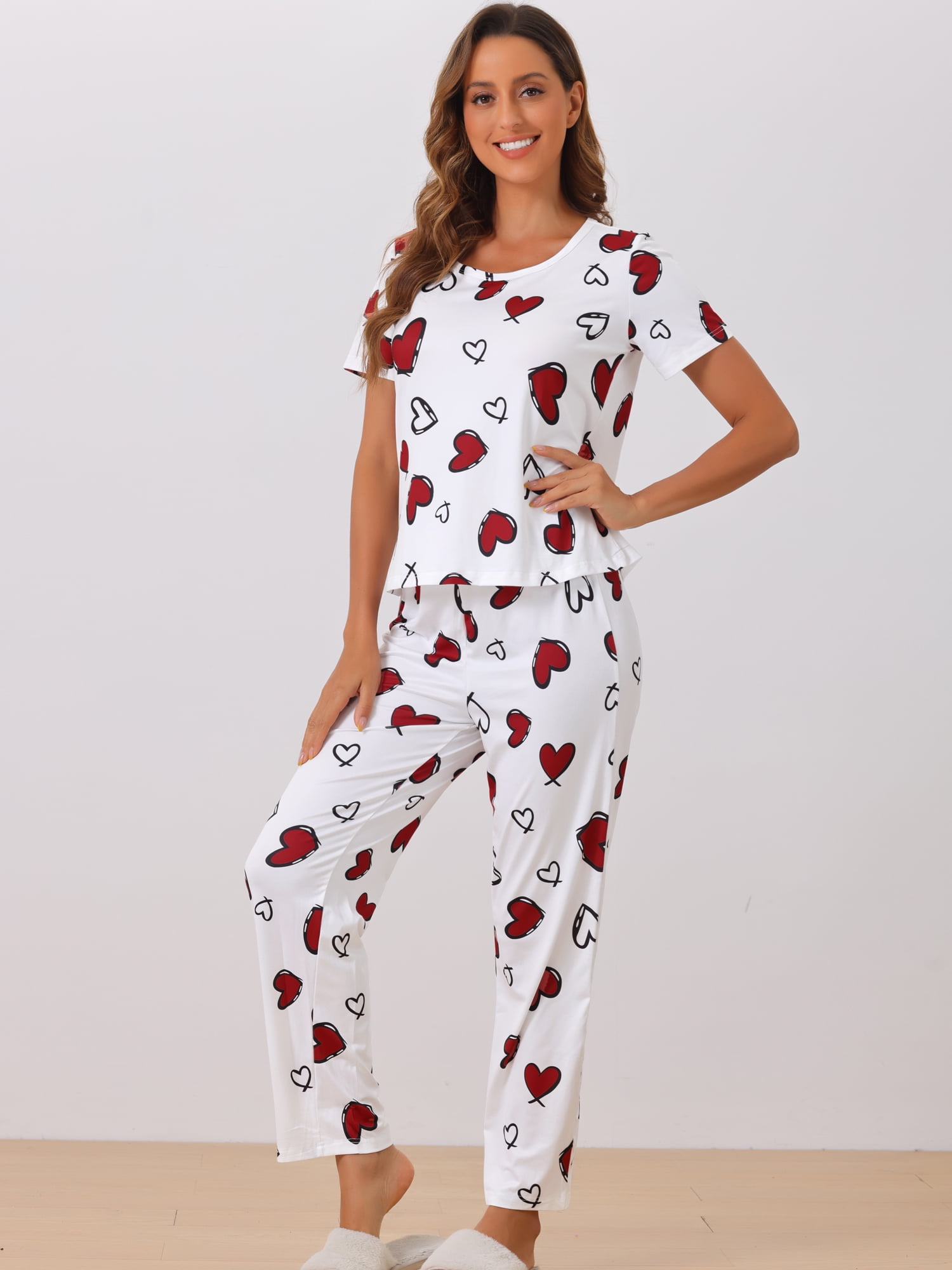 DARING DIVA Women's Short Sleeve Shirt with Long Pant Pajamas Sets L White