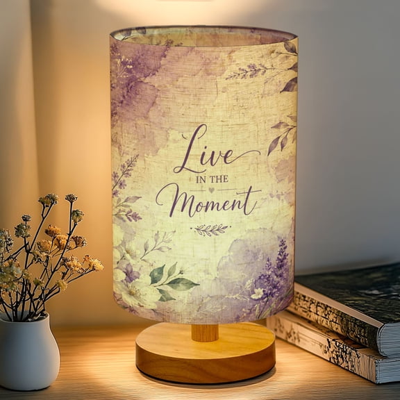16-Color Dimmable Table Lamp for Bedroom, Purple White Live Moment Floral Inspiration Lavender Purple Nightstand Lamp with Wood Base Fabric Shade, Gifts for Nursery Living Room Reading Room