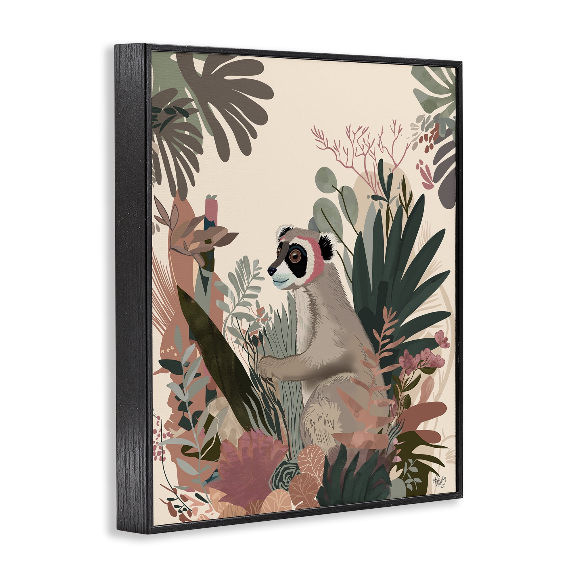 Stupell Industries Happy Lemur & Plants Animals & Insects Painting Black Framed Art Print Wall Art, 11 x 14