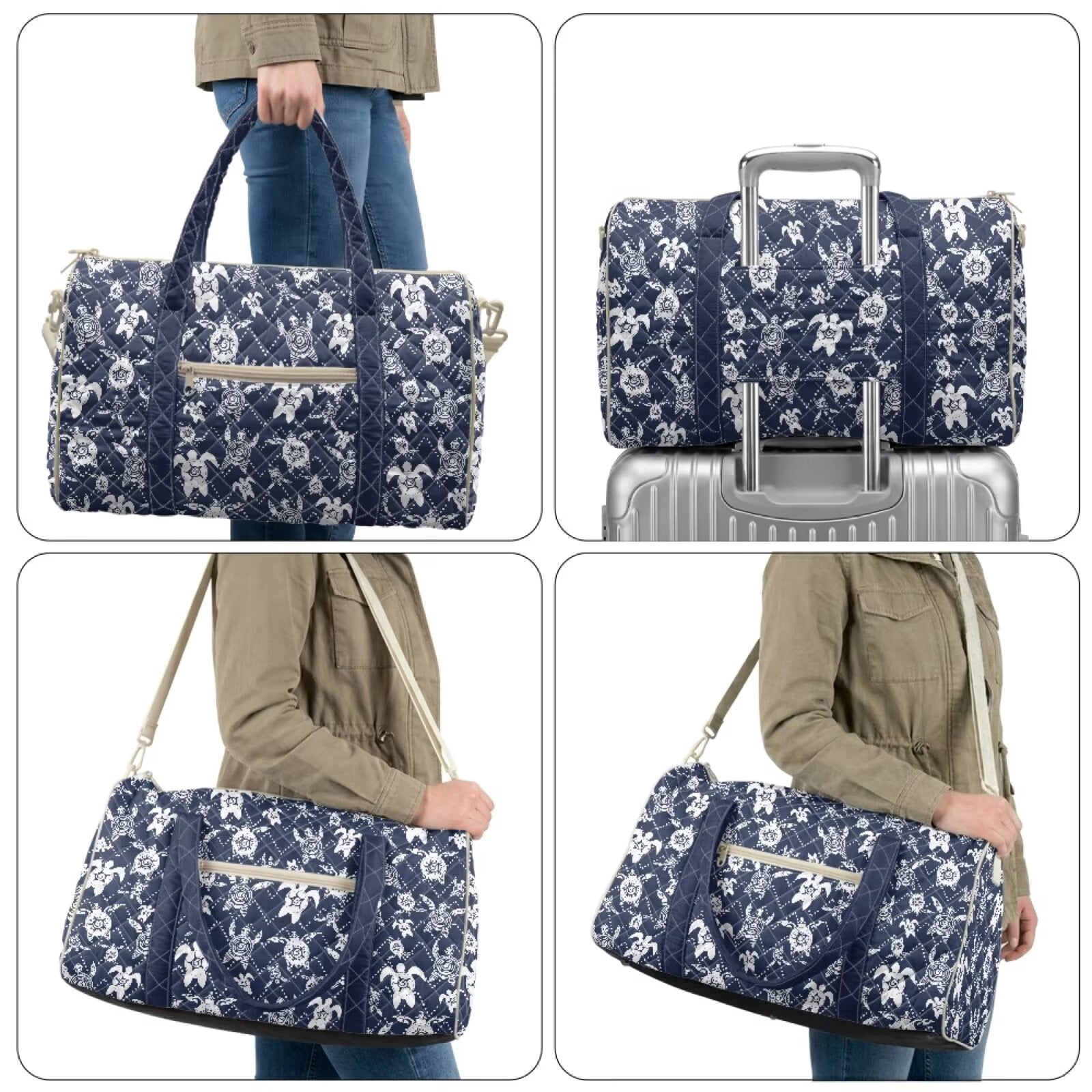 Chririnla Blue Turtles & Flower Pattern Large Travel Duffel Bags Unisex Casual Weekender for College Student with Luggage Handle Strap & Quilting Design