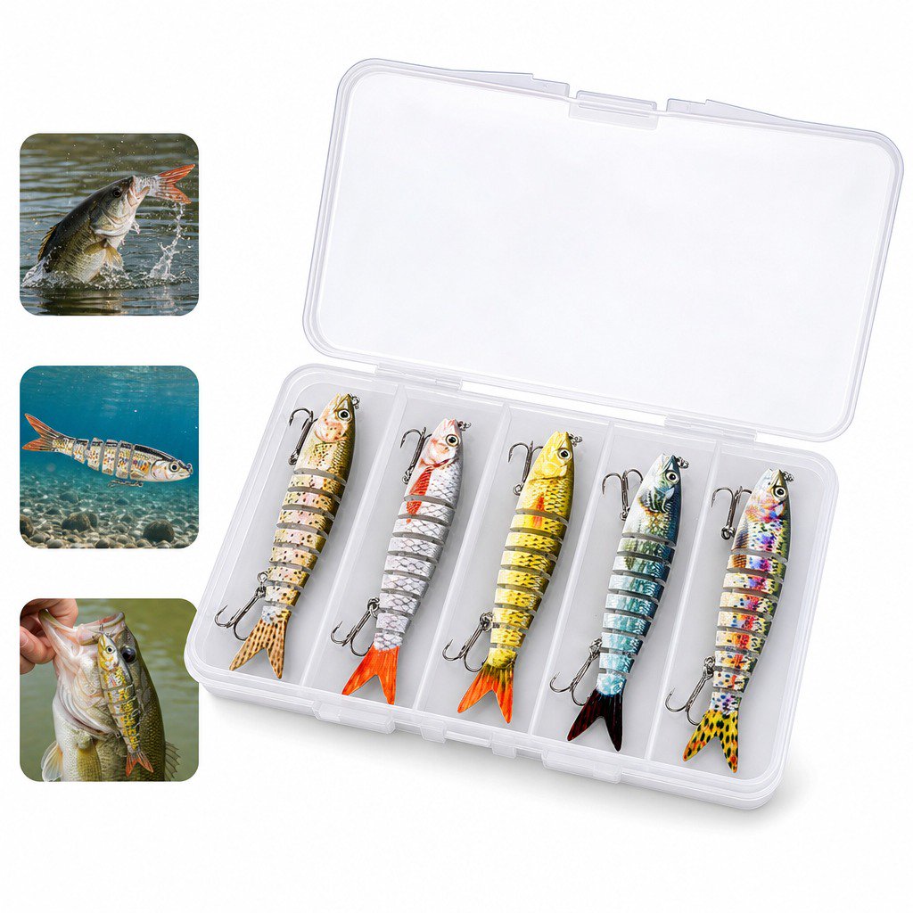 Bionic Fishing Lures 5 Pcs Multi-Segment Swimbait Set with Rattle Beads Slow Sinking Soft Bait for Pike Bass and Saltwater 1 Box