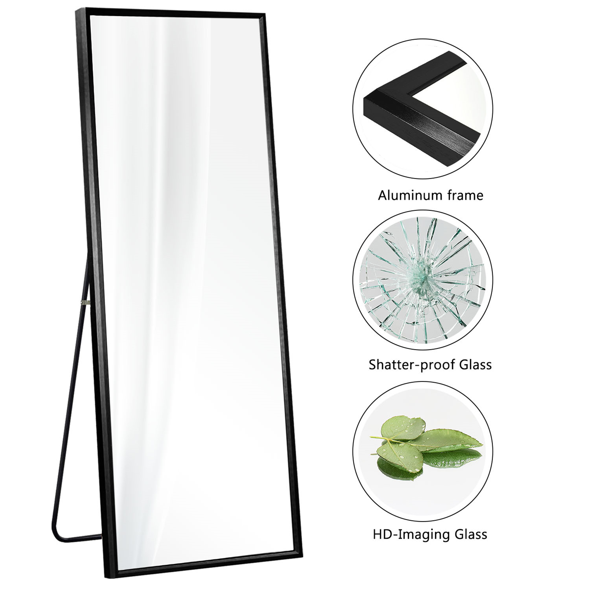65"x22" Aluminum Alloy Frame Mirror Rectangular Full Length Floor Mirror Black