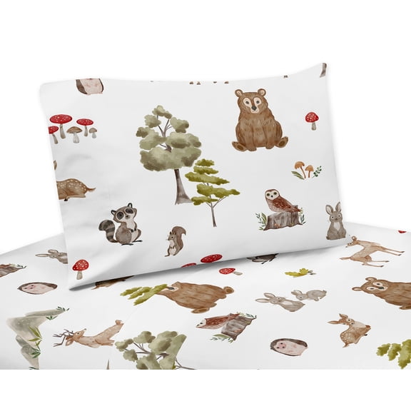 Sweet Jojo Designs Watercolor Woodland Forest Animals Boy Girl Gender Neutral Unisex Twin Size Sheet Set 3 Piece