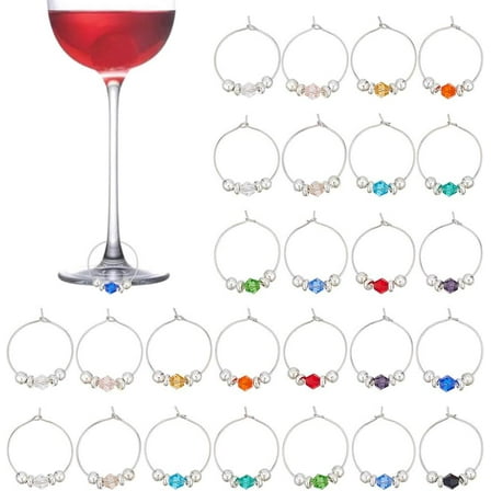 28Pcs 14 Colors Wine Glass Identifier Charms Wine Glass Charms with Glass Beads Silver Wines Glasses Rings Reusable Drink Markers for Party Wedding Cocktail Events DIY Crafts
