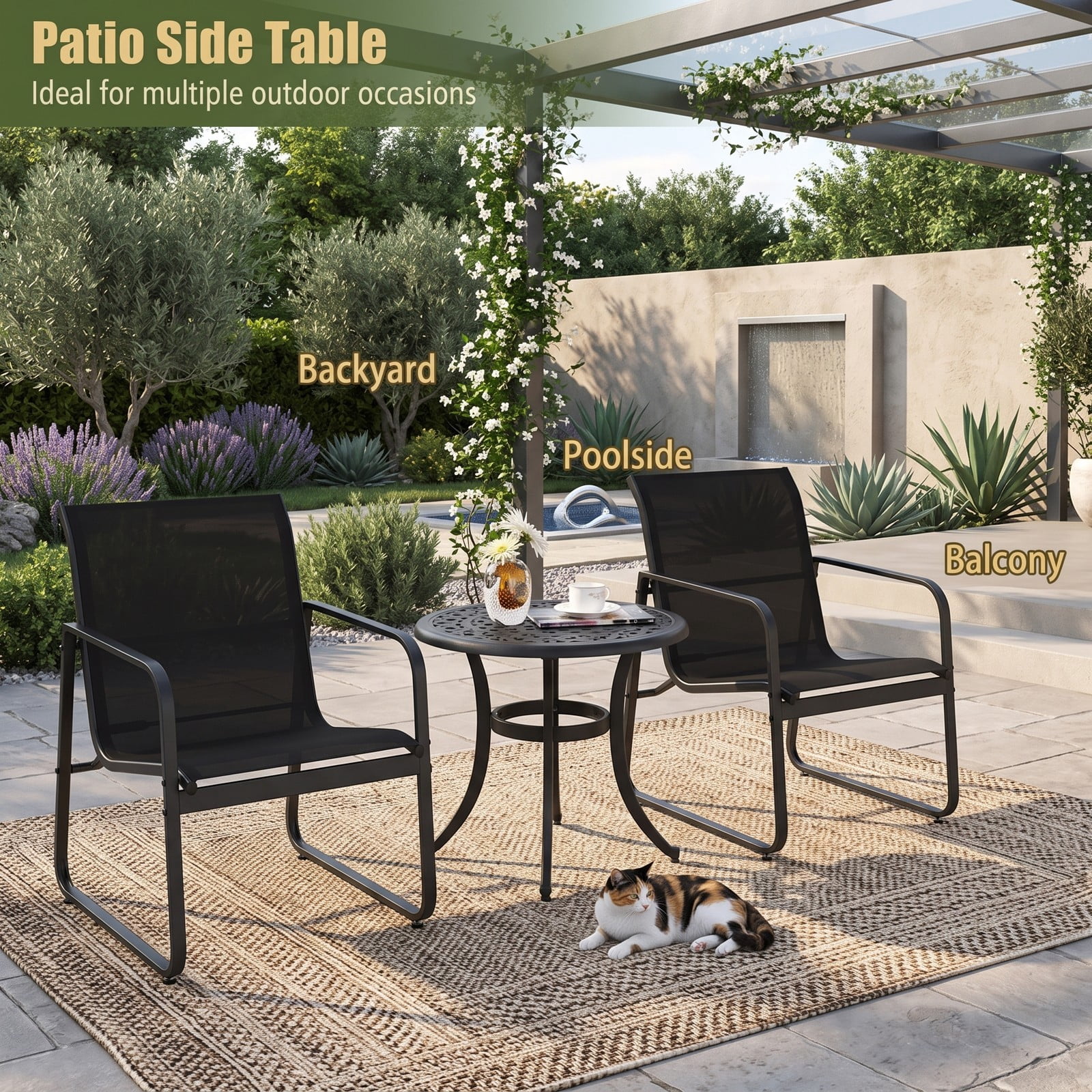 Furnibear 24 Inch Round Cast Aluminum Patio Side Table with Adjustable Footpads for Poolside and Backyard, Antique Brown