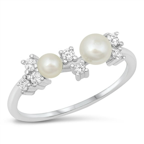 All in Stock Simulated Pearl Cubic Zirconia Double Bead Ring Sterling Silver Size 8