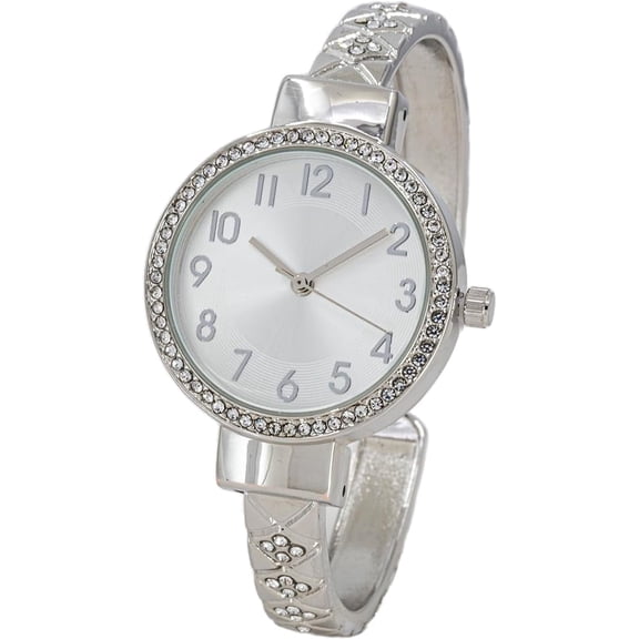 Blekon Collections Womens 32mm Case Plaided Designed Rhinestone Cuff Bangle Watch (Silver)