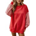 thumbnail image 3 of CAIXIA Oversized Sweaters For Women Plaid Patchwork Color Block Crewneck Long Sleeve Pullover Tops Soft Basic Clothes Casual Shirts Work Outfits Fall Winter Clothes,Red, 3 of 5