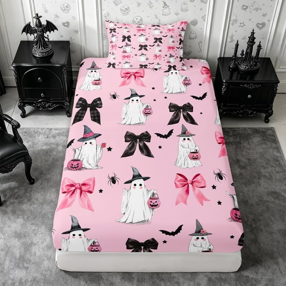 Erosebridal Witch Ghost Twin Fitted Sheet 2 Pieces,Cute Halloween Bedding,Hot Pink,1 Fitted Sheet and 1 Pillowcase