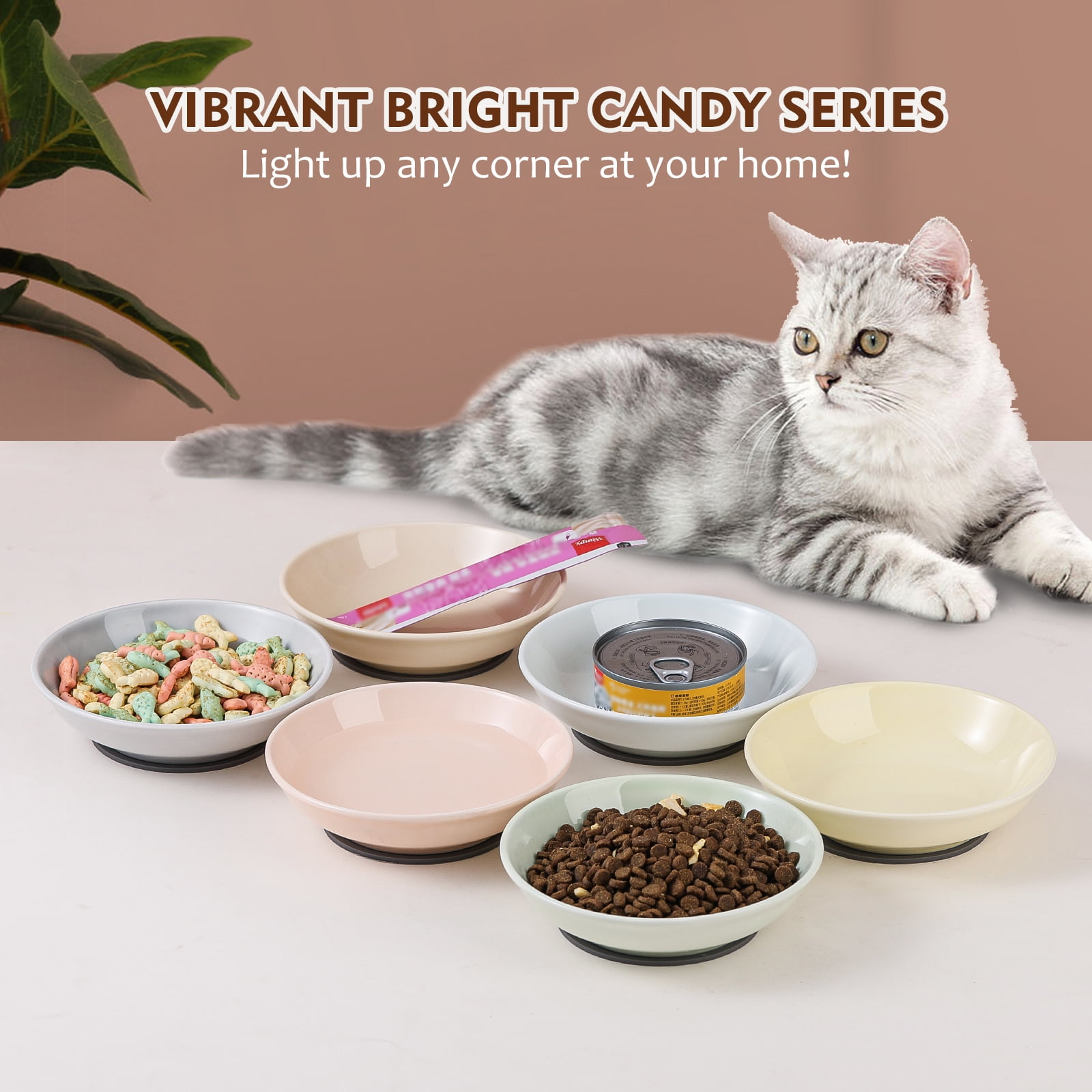Ceramic Cat Food Bowl Set - Colorful Cat Feeding Bowls with Non Slip Mat - Wide Shallow Cat Bowl Whisker Friendly - Cat Plates - Cute Cat Dish - Microwave Dishwasher Safe - 6 Pack - 8.5 oz - 5.75 inch