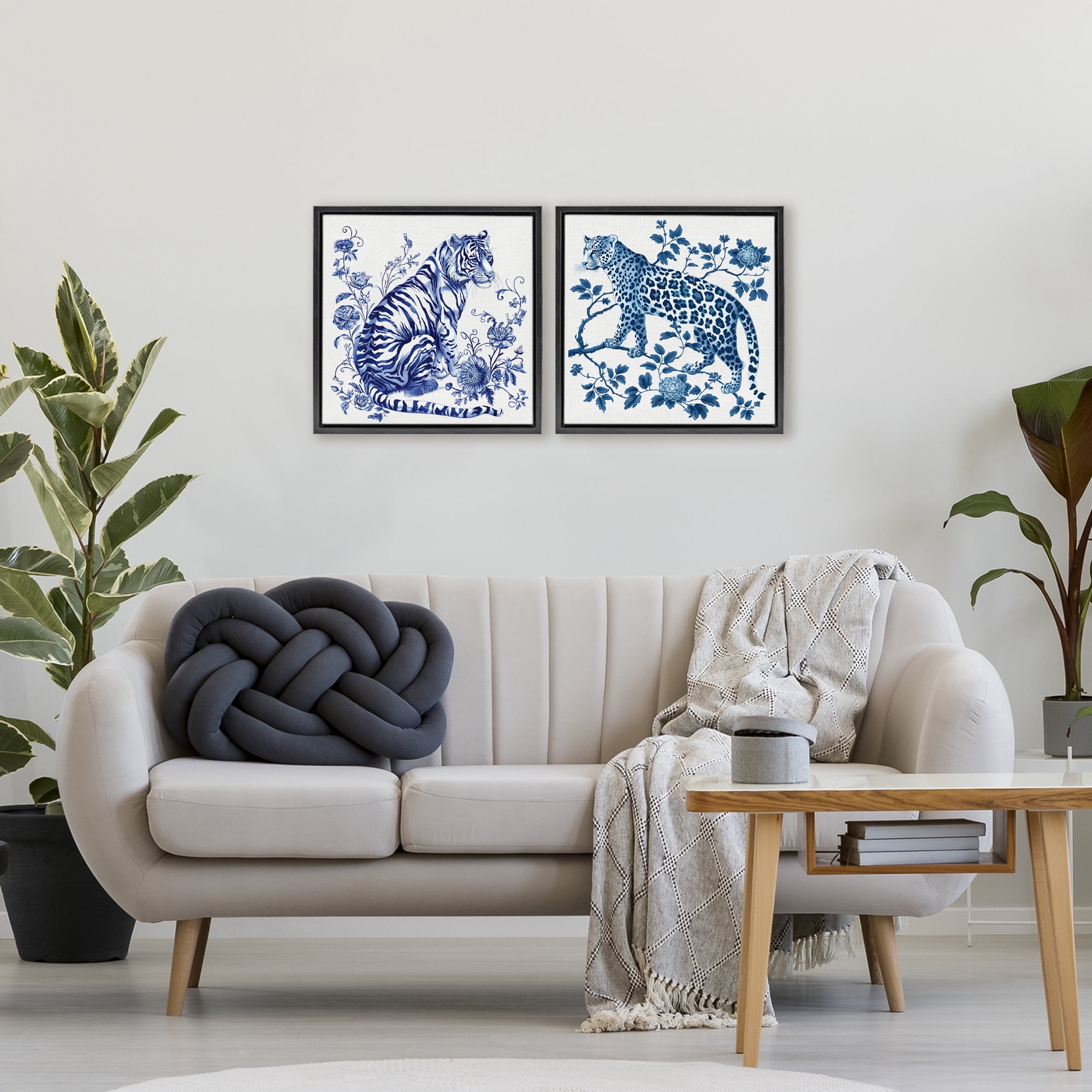 Ornate & Detailed Large Cats 2 Piece Black Framed Floater Canvas Set, design by Lettered and Lined