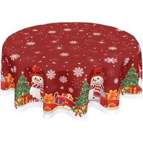 Christmas Tablecloth Round 60 Inch Grey Green Winter Table Cloth Washable Snowman Snowflake Trees Decorative Outdoor Table Cover for Kitchen Dining Holiday Party Picnic Indoor Home Decor