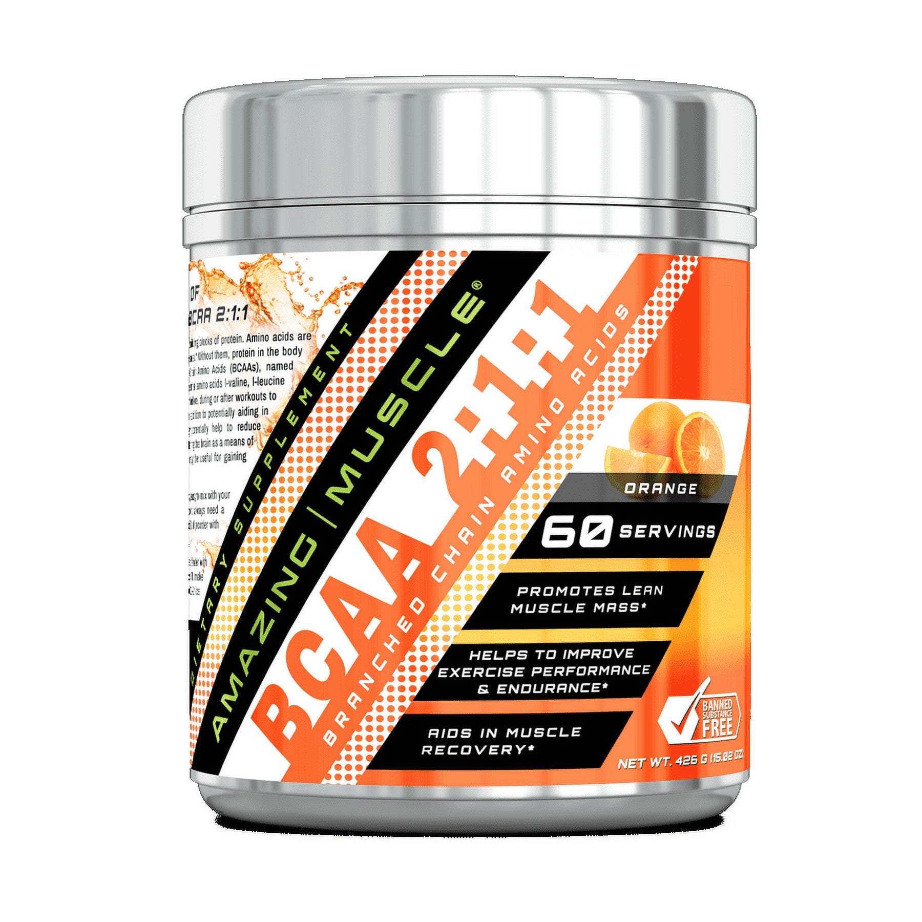 Amazing Muscle BCAA 2:1:1 426 Grams Powder Orange Flavor Supplement | 60 Servings | Branched Chain Amino Acids Supplement | Made in USA