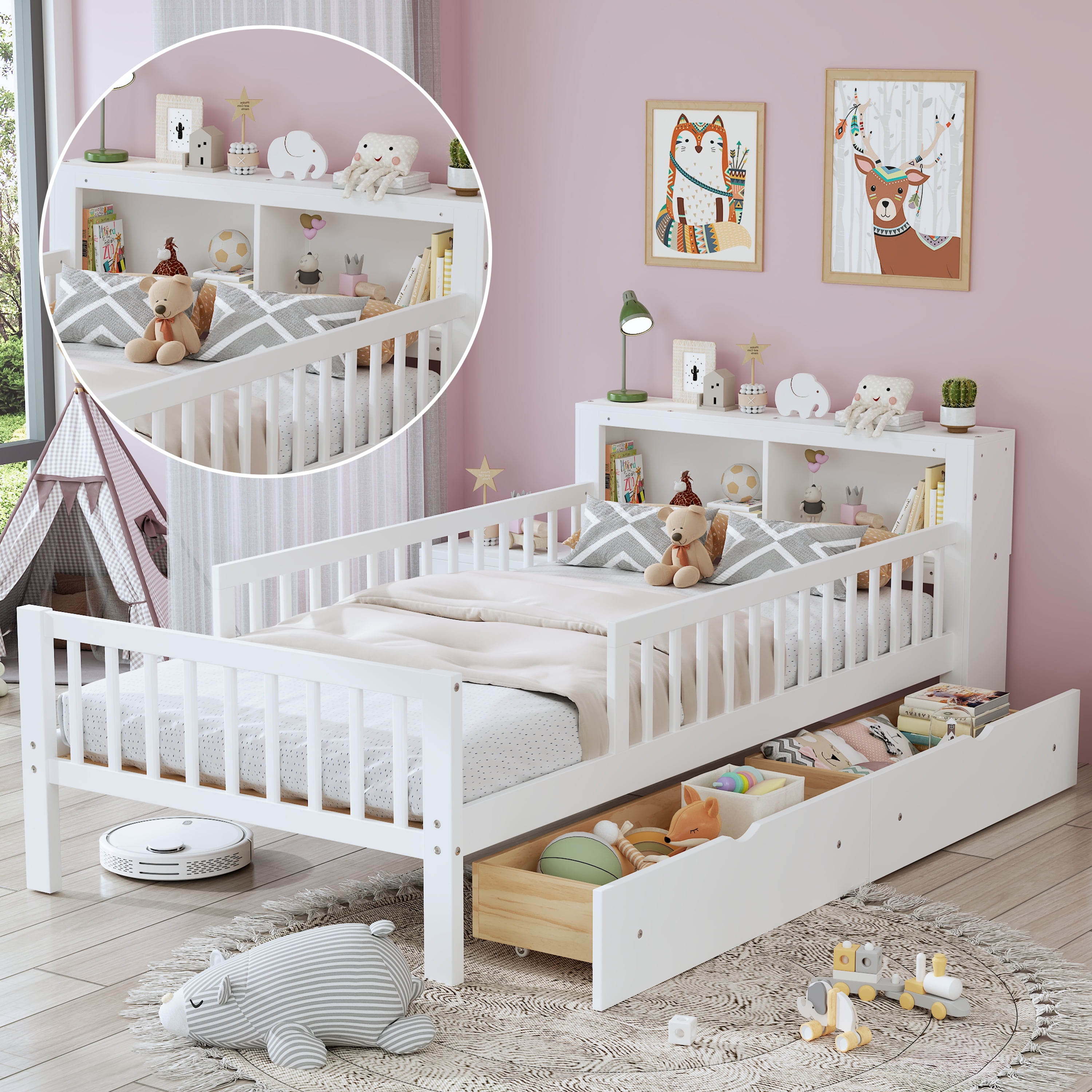 Euroco Wood Twin Size Platform Bed with Storage Headboard and Drawers, Low Profile Bed with Guardrails for Kids and Toddlers, White