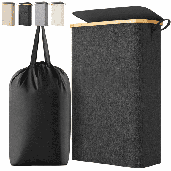 Norcho Slim Laundry Hamper with Lid, Narrow Collapsible Laundry Basket with Removable Bag and Bamboo Handles, Dark Gray, 65L, Back to School