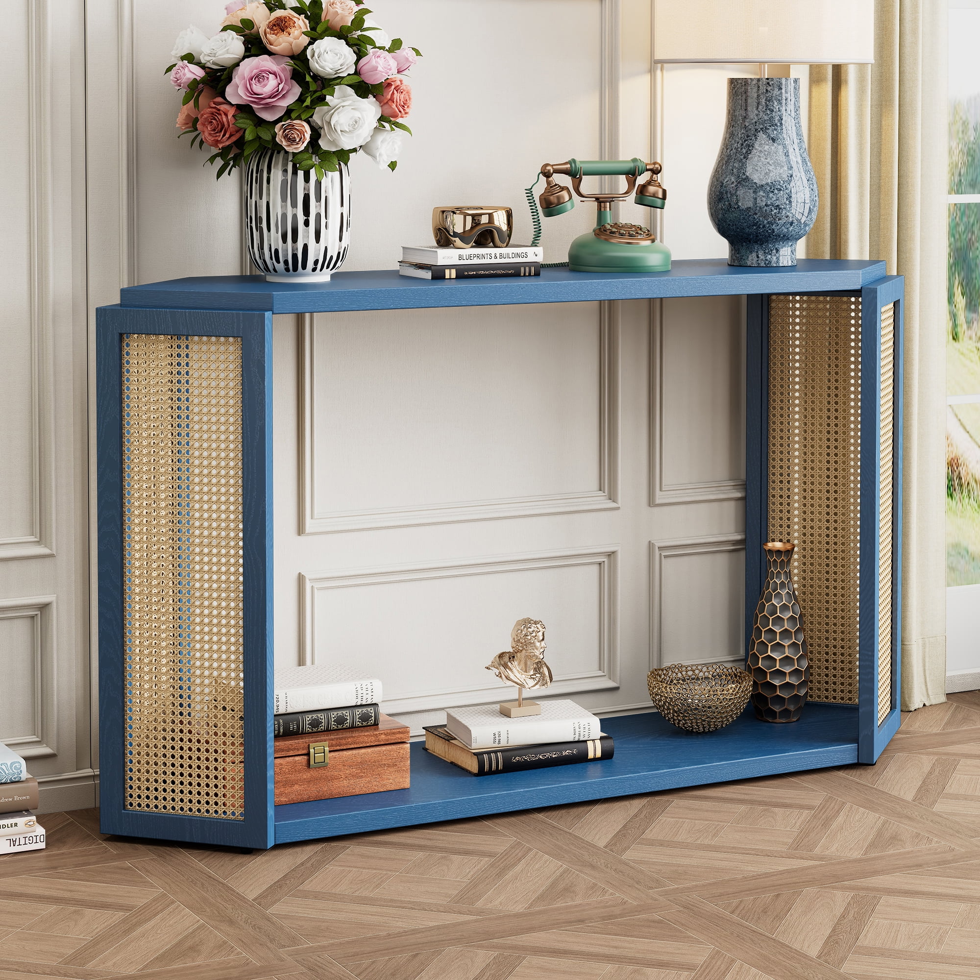 53.5'' Narrow Entryway Console Table with Unique Irregular Top Design, Entryway Table with Open Shelf, Rattan Sofa Entryway Console Table for Living Room Hallway and Entrance (Antique Blue)