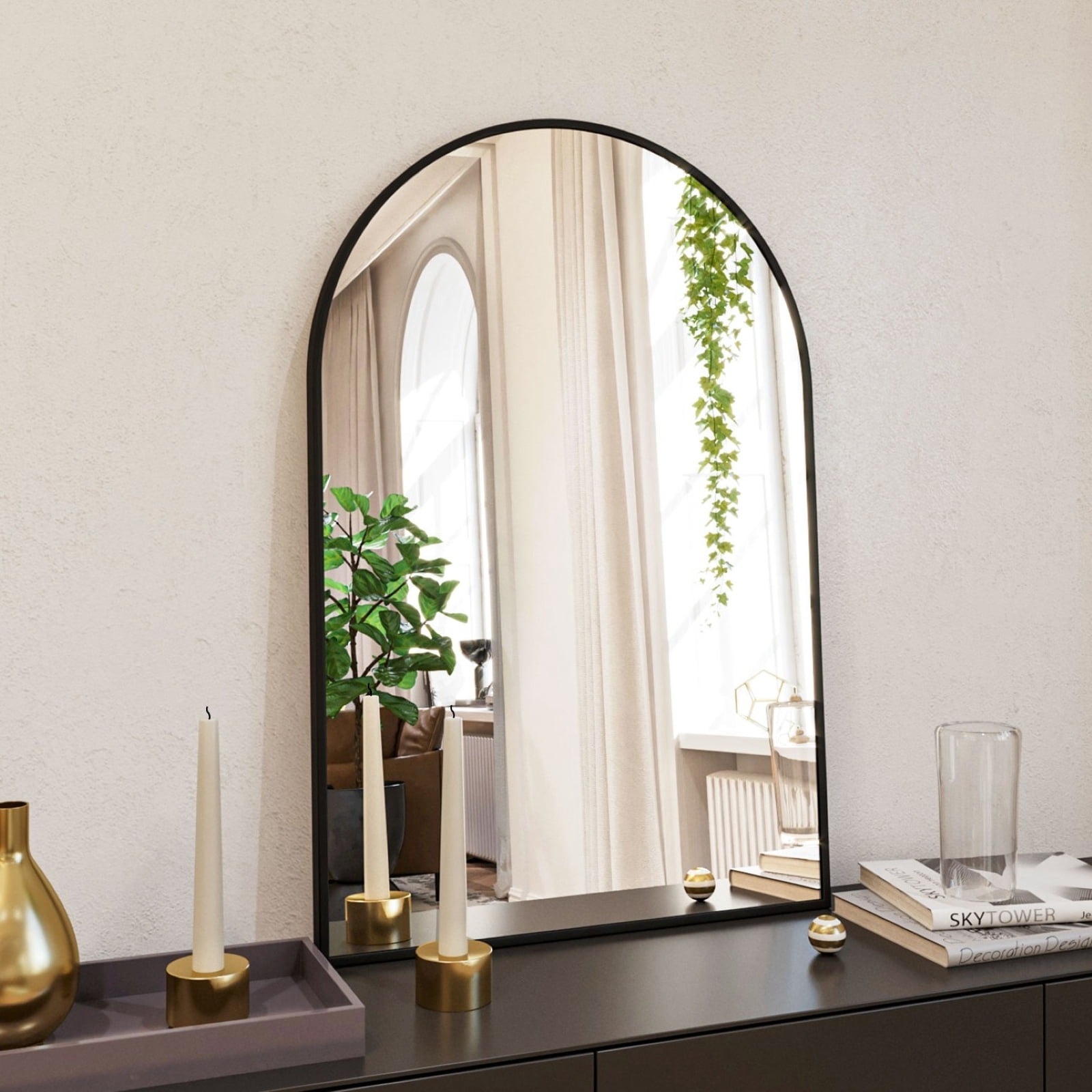 GRAHMCY 24"x16" Arched Bathroom Mirror Wall Mirror With Aluminum Alloy Frame, Black