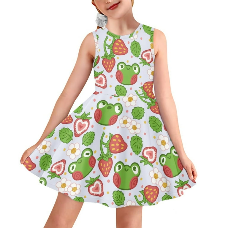 Pzuqiu Girls Sundresses for Beach Vacation Cute Strawberry Frog