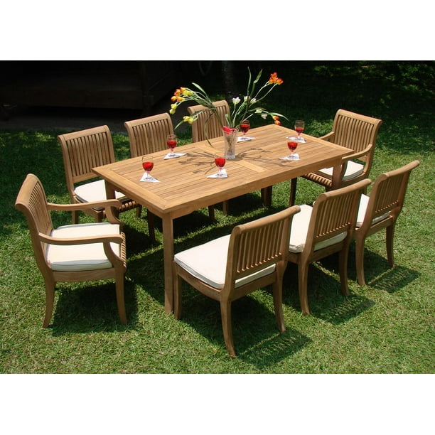 Teak Dining Set 8 Seater 9 Pc 94 Mas Trestle Leg Double Extension Rectangle Table And Giva Arm Captain Chairs Outdoor Patio Grade A Wood Wholeteak Wmdsgvl Com - Teak Patio Dining Set For 8