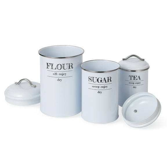 Tzou Kitchen Canisters for Countertop Set of 3, Airtight Food Storage Containers with Lids, 3-Piece Rustic Farmhouse Flour Coffee Tea Sugar Storage Container for Kitchen Decor, White