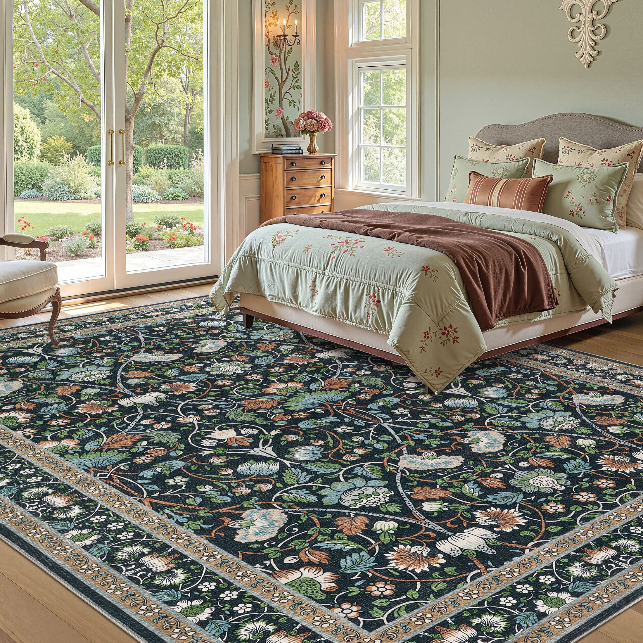 UERMEI 8x10 Large Area Rugs for Living Room, Indoor Washable Rug, Floral Area Rugs for Bedroom Home Office Decor Dining Room Carpets, Non Slip Low Pile - Black/Green/Brown