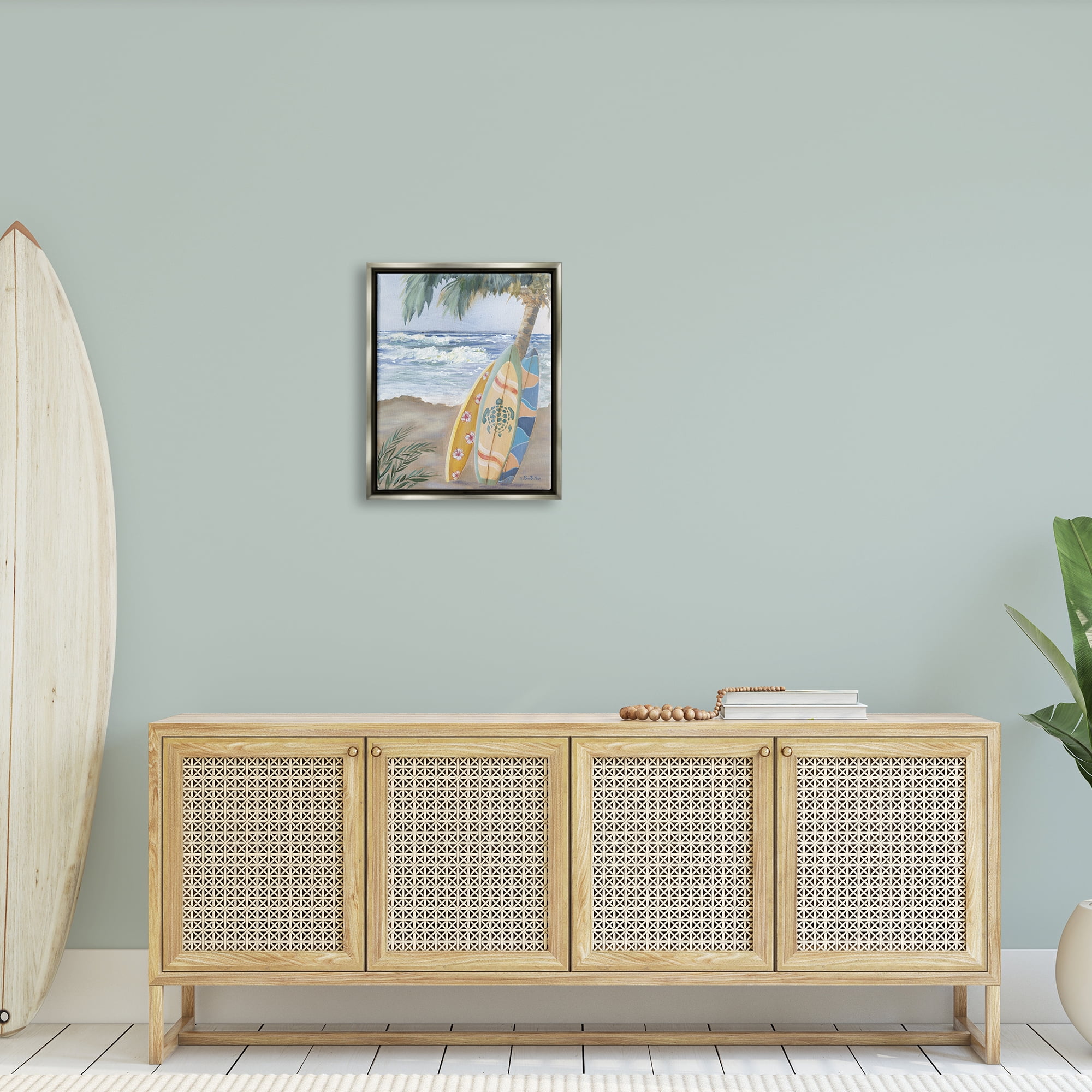 Stupell Fun Summer Surfboards Leaning Palm Tree Landscape Painting Gray Floater Framed Art Print Wall Art