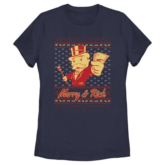 Women's Monopoly Merry and Rich  Graphic Tee Navy Blue Medium