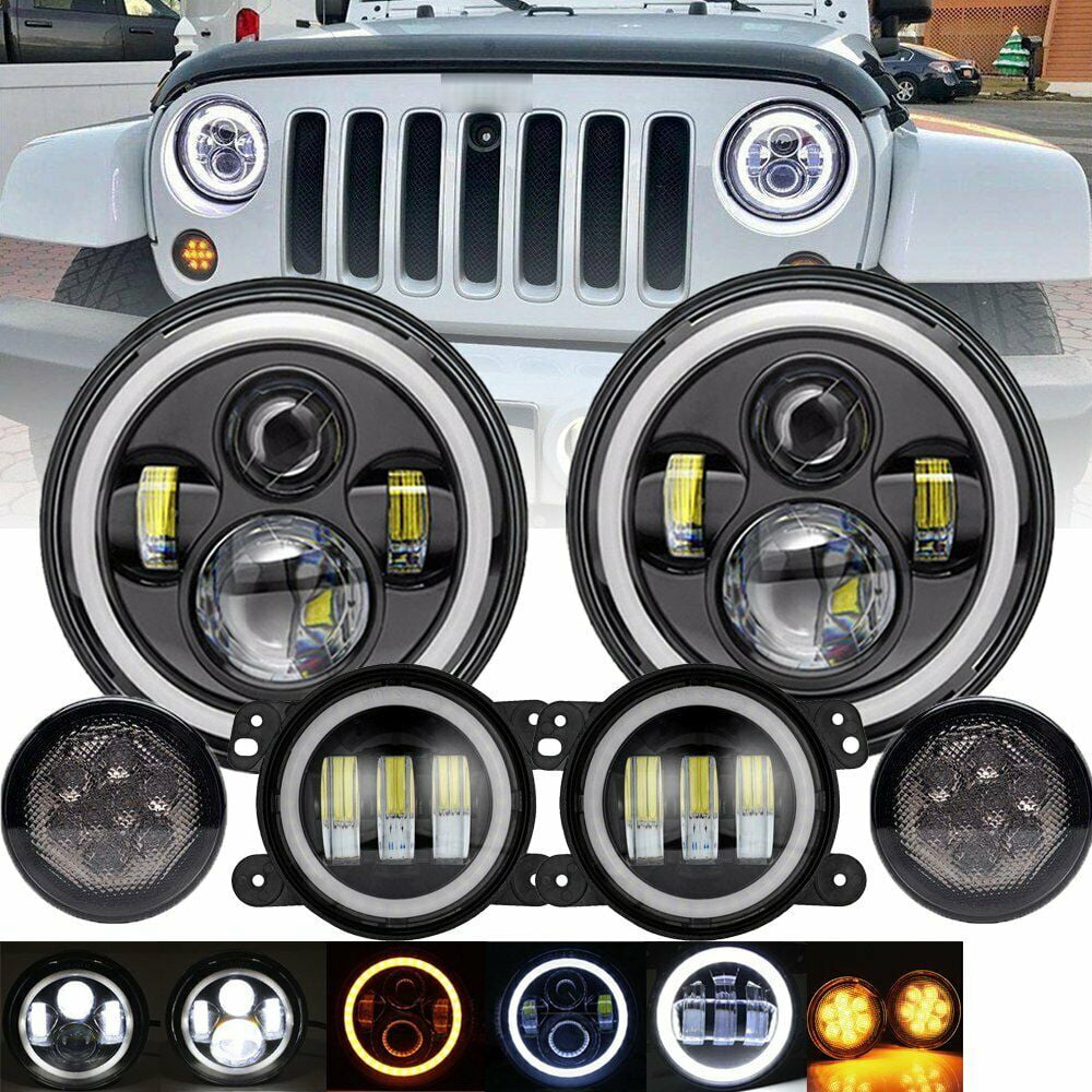 7 Black LED Headlights w/ 4 Cree LED Fog Lights & Yellow LED Front Replacement Turn Signal Light & Fender Side Marker Light for 2014-2018 Jeep Wrangler JK JKU-Smoke 