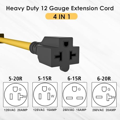 [4 in 1] 15 Amp to 20 Amp Plug Adapter Heavy Duty Extender T Blade Cable 5-15P to 5-15/20R, 5-15P to 6-15/20R AC Power Household Converter, 15A 125V to 20A 250V USA 3Pin Male UL CUL Listed 1FT