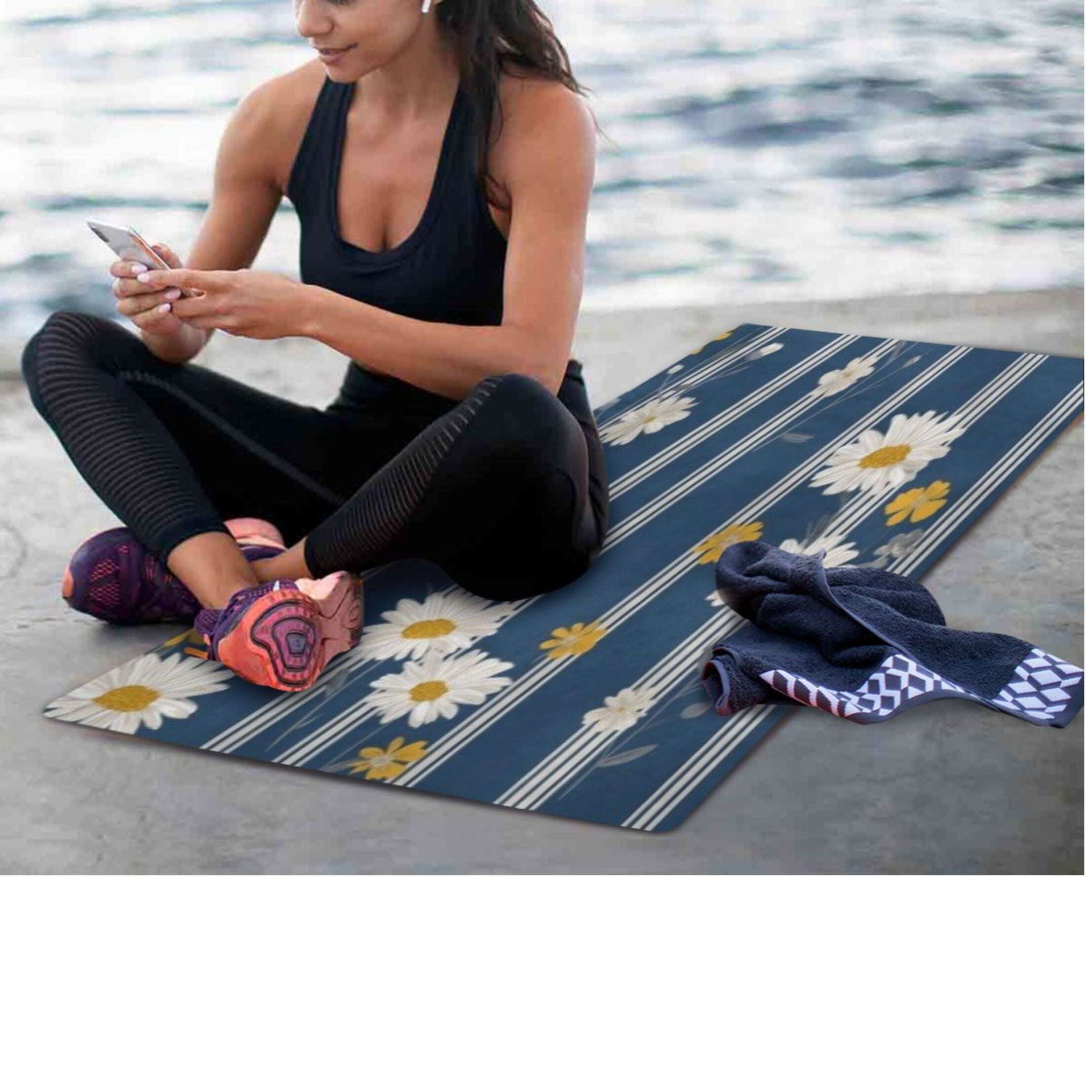 BZSMCE Yoga Mat Women Fitness Mat Stripe White Daisy Pattern