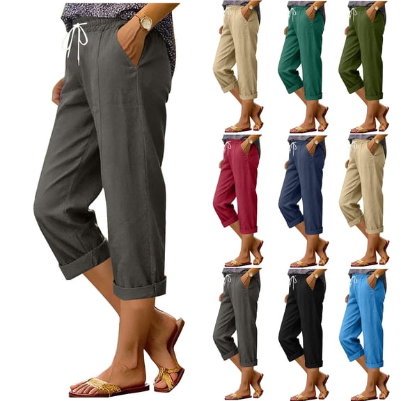Xuniizn Womens Capri Pants 2026 Linen Breathable Roll Cuffed Beach Holiday Pants with Side Pocket Fashion Summer Outdoor Pants, Gifts for Mom