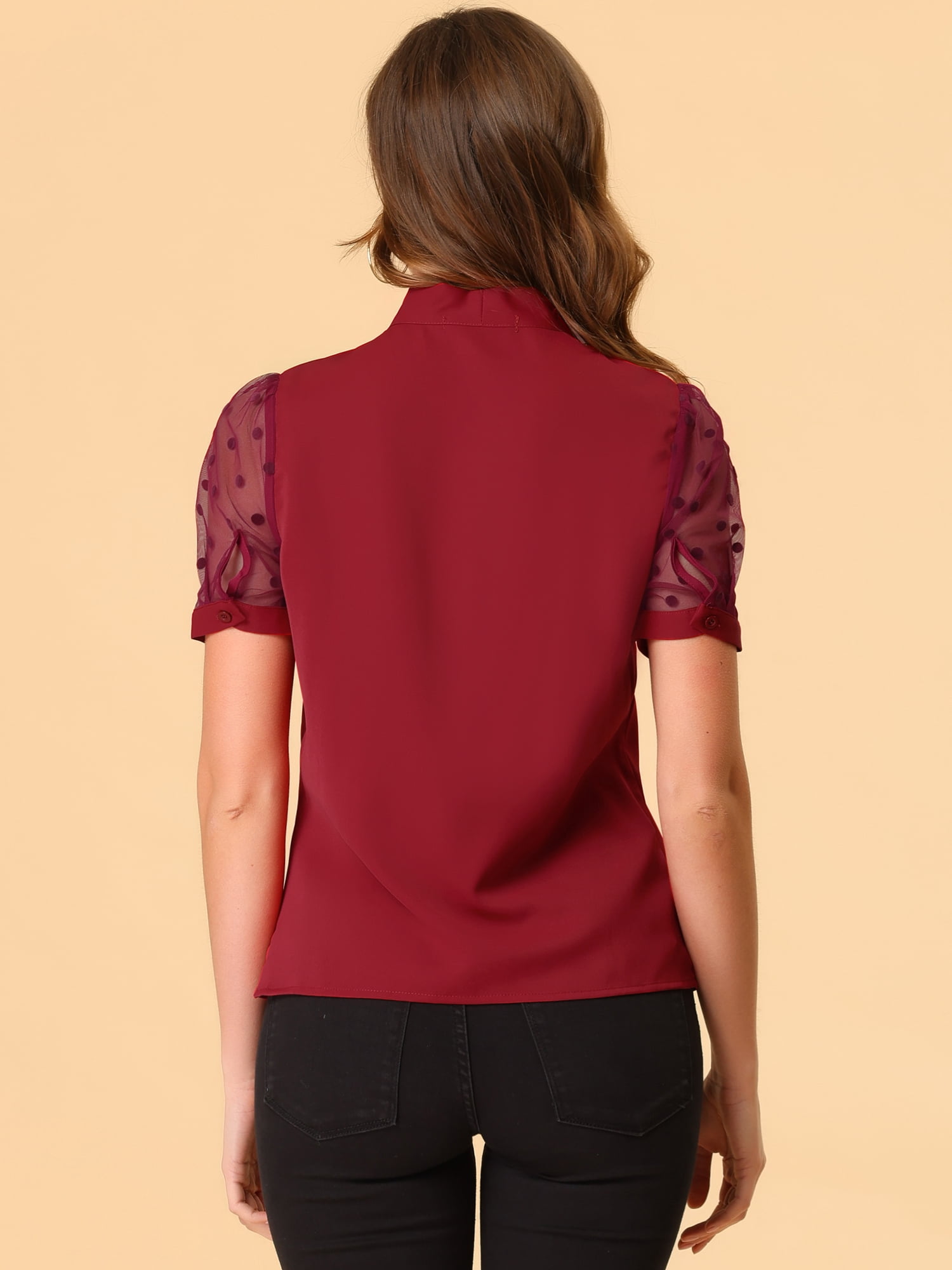 DARING DIVA V Neck Stand Collar Short Mesh Sleeve Blouse L Burgundy