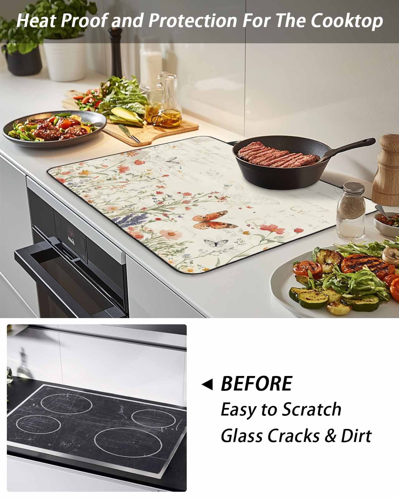 Stove Top Covers for Electric Stove, Retro Spring Floral Glass Stovetop Cover Protector, Botanical Colorful Summer Butterfly Induction Cooktop Protector Oven Mat for Kitchen Countertop 24"x21"