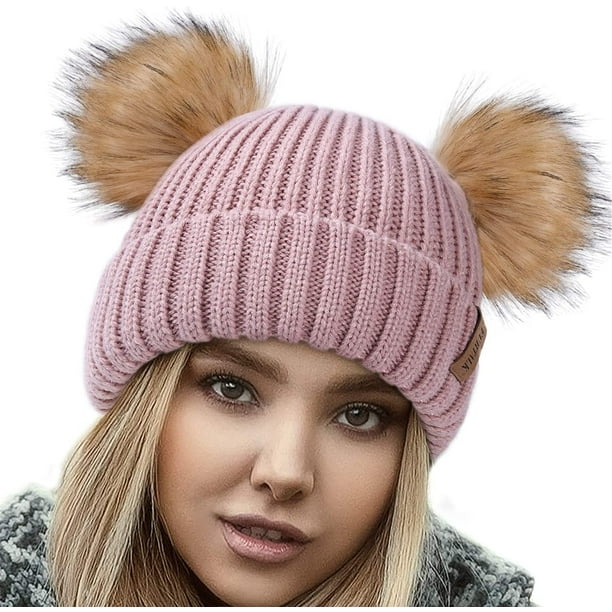HTOOQ Cute Winter Beanie Hats for Women Girls Warm Knit Hats with Double Faux  Fur Pom Poms 