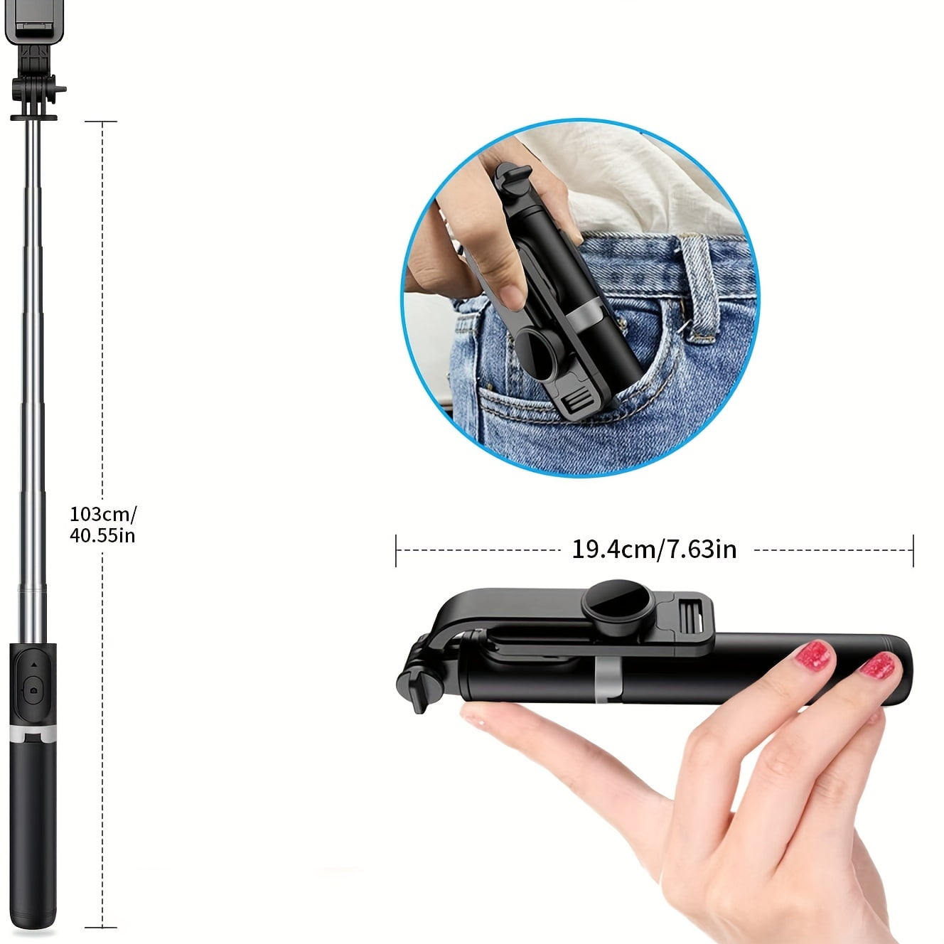 40" Extendable Phone Tripod with Wireless Remote, Compatible with iPhone 15/14/13 & Android, All-in-One Selfie Stick & Travel Stand