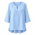 thumbnail image 4 of Womens Summer Shirts Lace V Neck 3/4 Sleeve Curved Hem Cotton Linen Oversized Tshirts for Women Blue L, 4 of 4