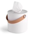 thumbnail image 1 of Modern Round Tissue Dispenser Holder Plastic Box Cover Napkin Organizer with leather handles for bathroom vanity tops, 1 of 5