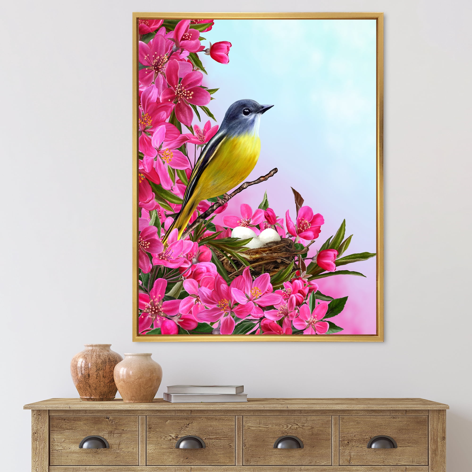 Designart 'Little Yellow Bird Near The Nest with Pink Flowers' Traditional Framed Canvas Wall Art Print
