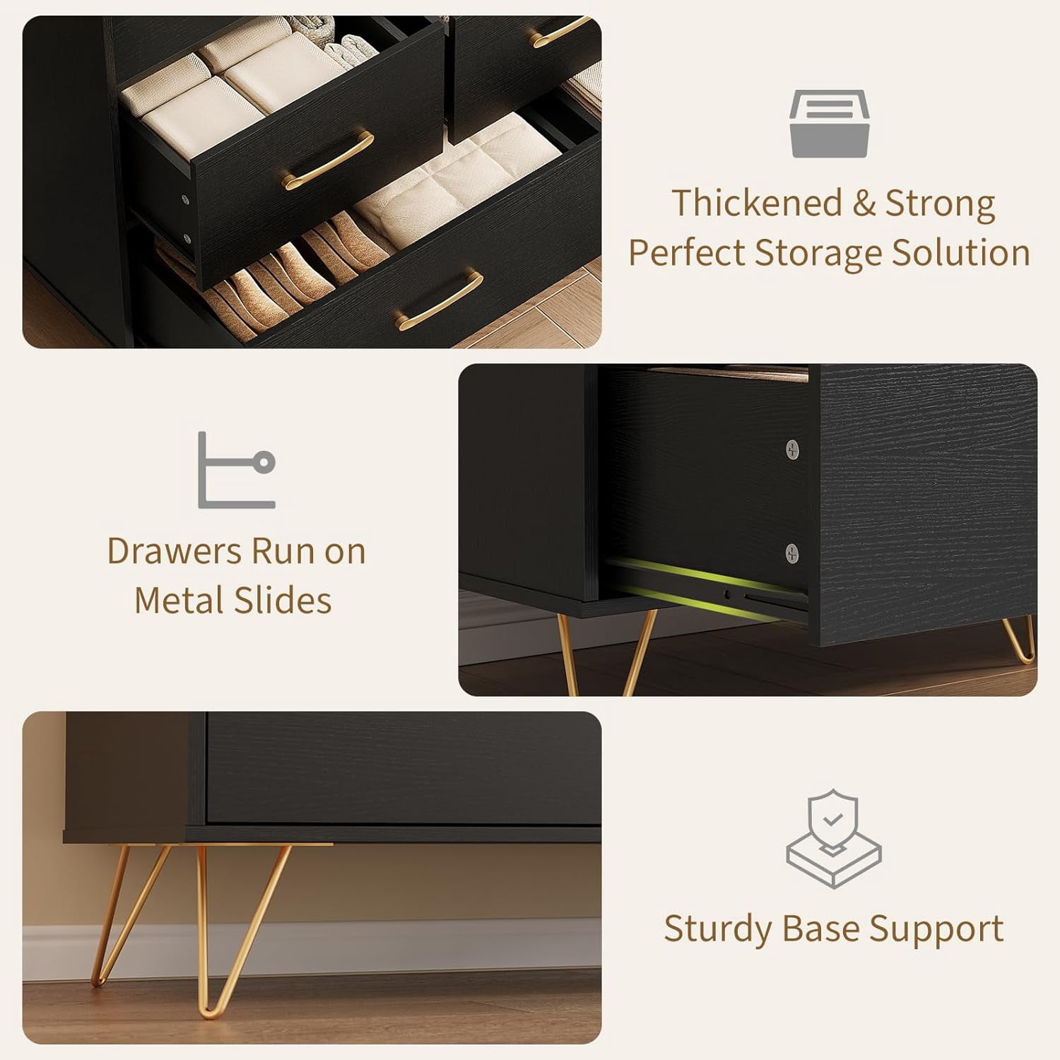 Black Dresser for Bedroom, 47" Wide Chest of Drawers with LED Lights, Charging Station & 5 Smooth-Sliding Drawers, Modern Wood Storage Cabinet for Entryway, Hallway, Living Room