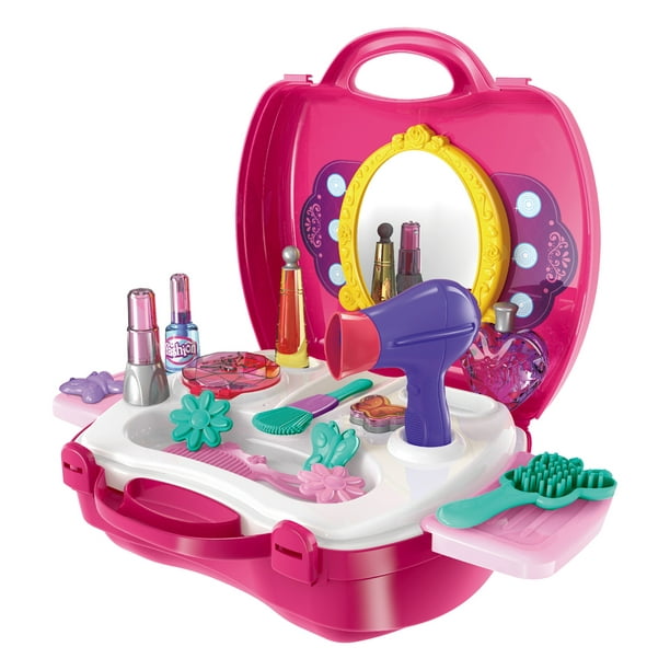 21 Pieces Makeup And Cosmetic Vanity Case, Durable DressUp Beauty Kit Hair Salon Playset For