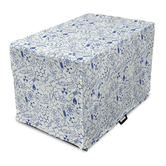 Cartoon Dog Crate Cover, Science Chemistry Geometry Math Nerd Geek and Genius Themed Design Art, Easy to Use Pet Kennel Cover for Medium Large Dogs, 35" x 23" x 27", Blue and Ivory, by Ambesonne