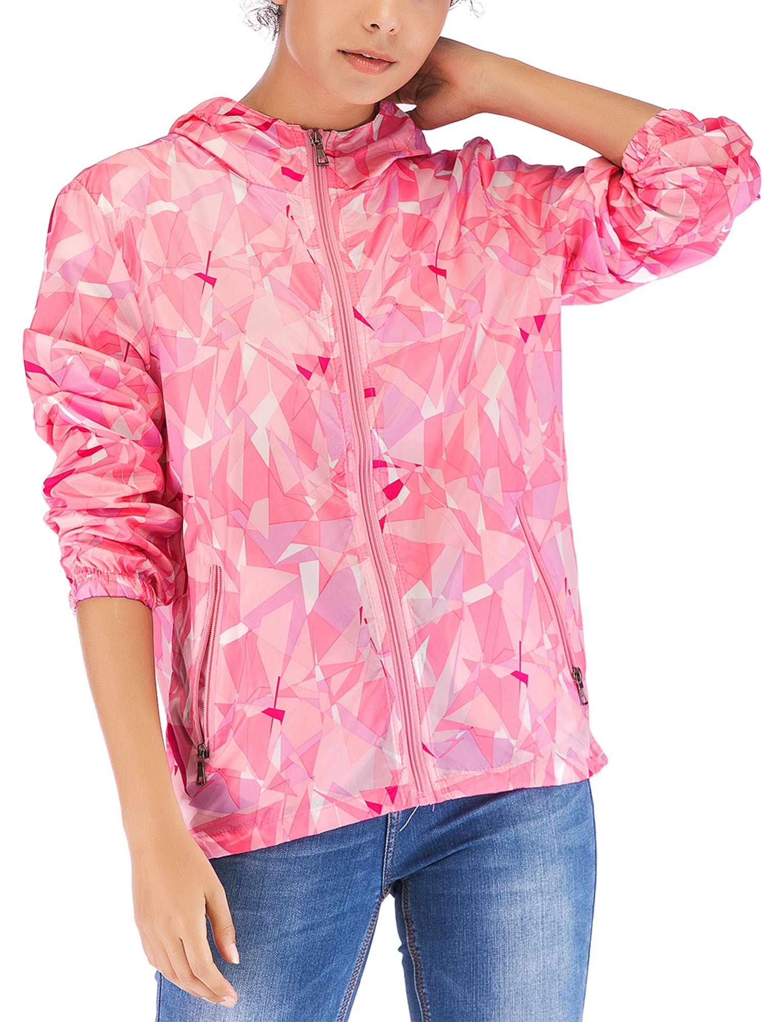 Women's Waterproof Raincoat Packable Hoodie Zip Up Jackets Colorblock ...