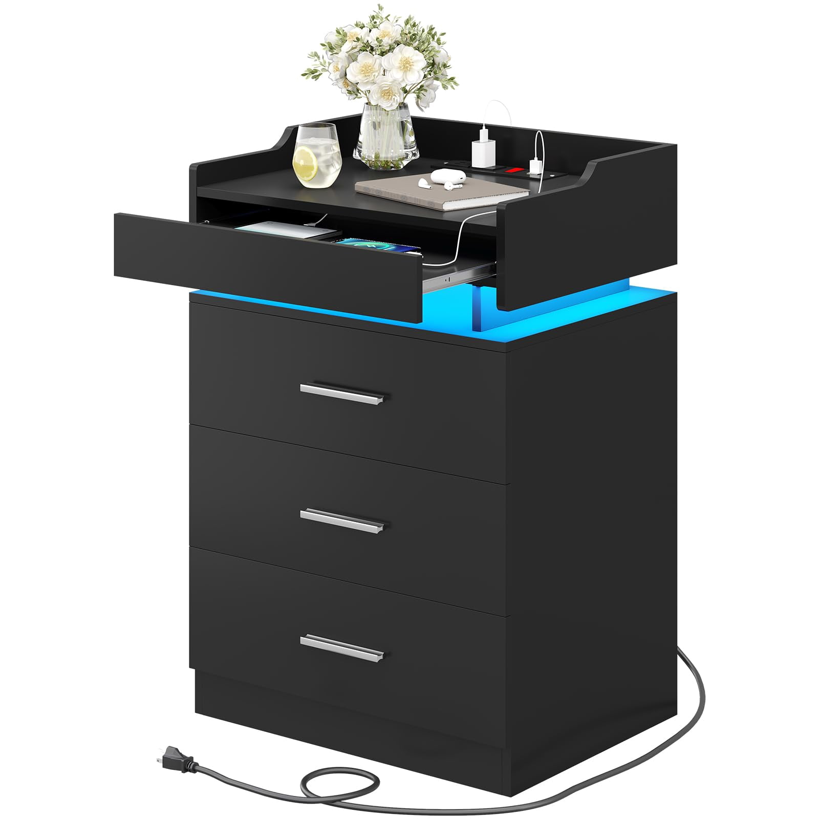 Afuhokles Nightstand with Charging Station USB Port and LED Light, 3 Drawers Bedside Table with Pull-Out Tray, Black