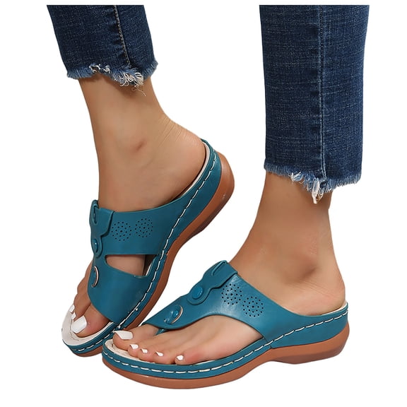 Rokment Beach Orthopedic Flip Flops for Women 2026 Comfortable Boho Summer Leather Platform Wedges Arch Support Walking Dress Slip on Sandals A Size 6