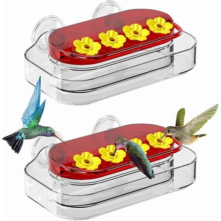 WZW 2 Pack Window Hummingbird Feeder, Strong Suction Cup Hummingbird Feeder with 4 Feeding Ports, Easy to Clean and Refill Plastic Humming Bird Feeder, 10oz