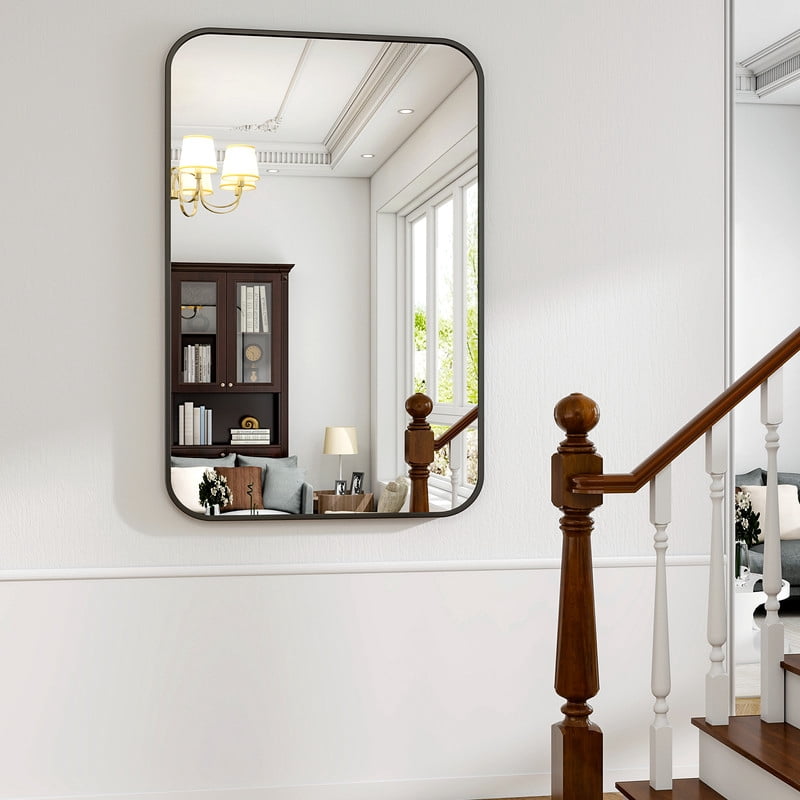 Easy4Home 36"x24" Rectangular Bathroom Mirror Hanging Rounded Corners Vanity Mirror Wall Mounted, Black