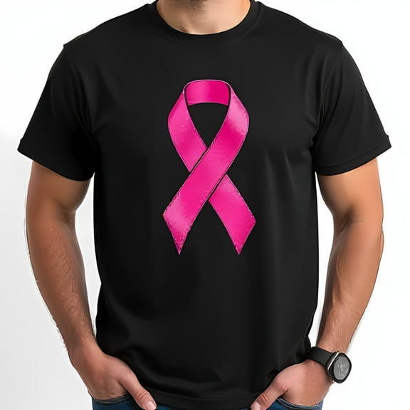 Men's Black T-Shirt with Large Pink Ribbon for Support
